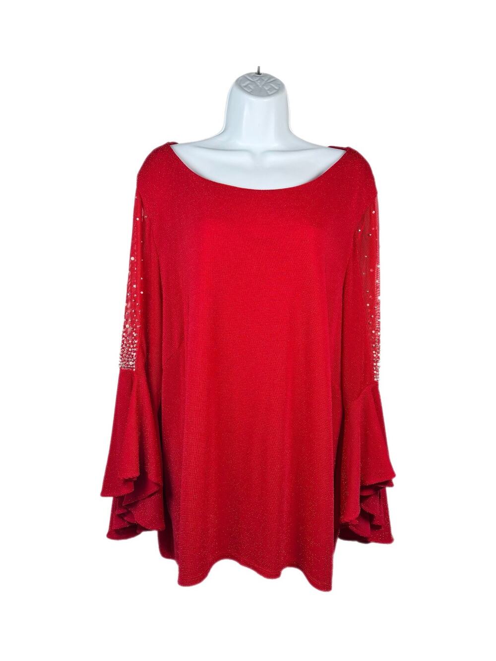 Alex Evenings Blouse Womens 3X Red Beaded Sheer Sleeve Bell Evening Tunic Top